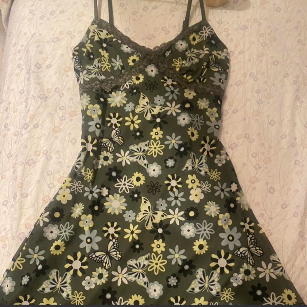 No Boundaries Olive Green Butterfly & Daisy Mini Dress